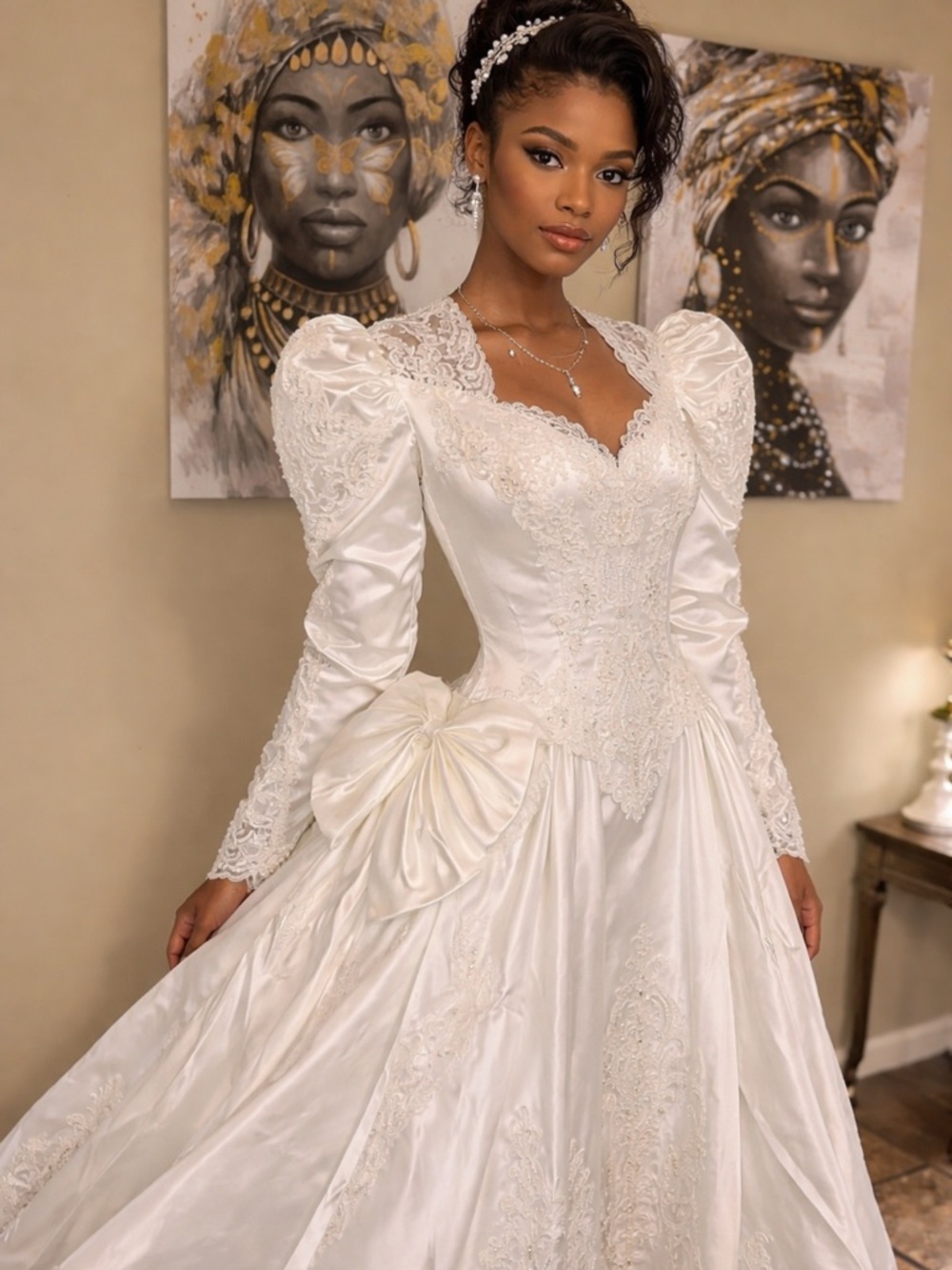 Vintage Elegant White Lace Satin Bridal Gown with Puff Sleeves